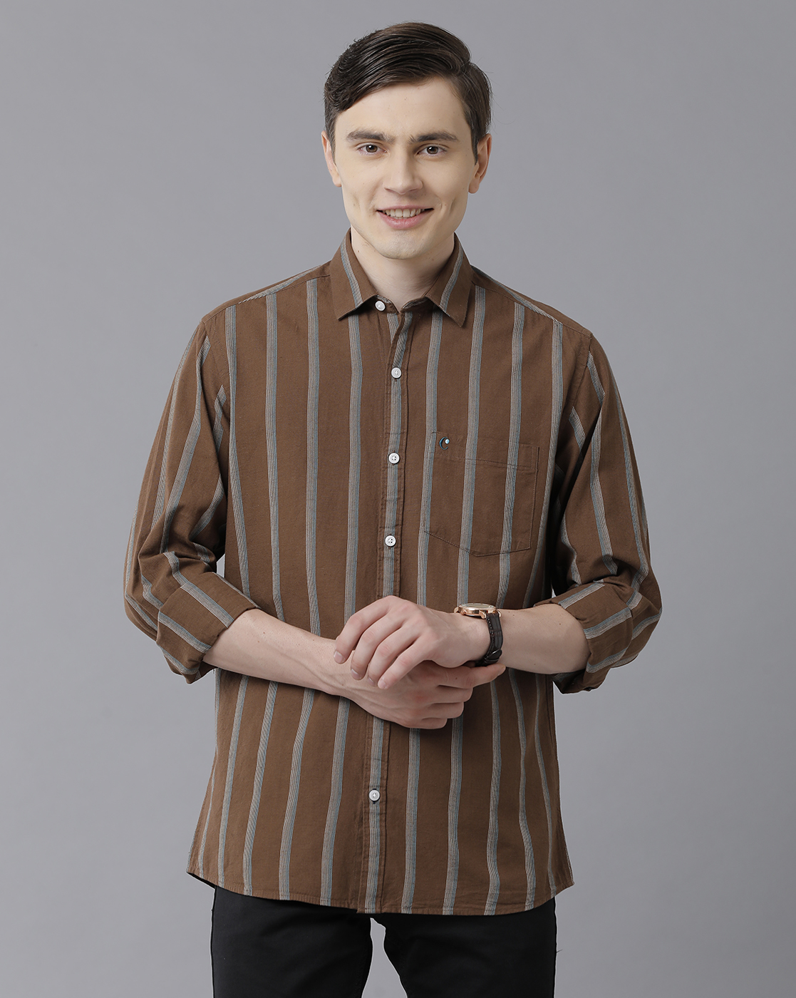 Cavallo By Linen Club Men's Cotton Linen Brown Striped Regular Fit Full  Sleeve Casual Shirt