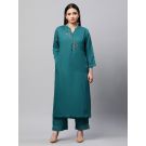 Pure Linen Teal front placket zigzag emb long kurta from Woman 