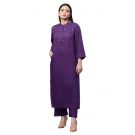 Pure Linen Purple embroidered front placket straight kurta for Woman