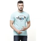 Cavallo By Linen Club Men's Cotton Linen Turquoise Printed Round Neck T-Shirt