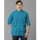 Cavallo By Linen Club Men's Cotton Linen Turquoise Blue Printed Regular Fit Full Sleeve Casual Shirt