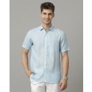Linen Club Men's Pure Linen Blue Checked Contemporary fit Half Sleeve Casual Shirt