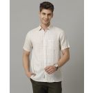 Linen Club Men's Pure Linen Beige Checked Contemporary fit Half Sleeve Casual Shirt