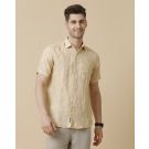 Linen Club Men's Pure Linen Yellow Striped Contemporary fit Half Sleeve Casual Shirt