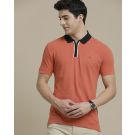 Linen Club Circular Knit Contrast Collar Polo Neck Red Solid Half Sleeve T-shirt for Men