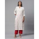 Pure Linen offwhite gold print red embroidery kurta for Woman 