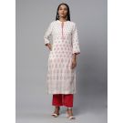 Pure Linen Offwhite gold and red print kurta for Woman 