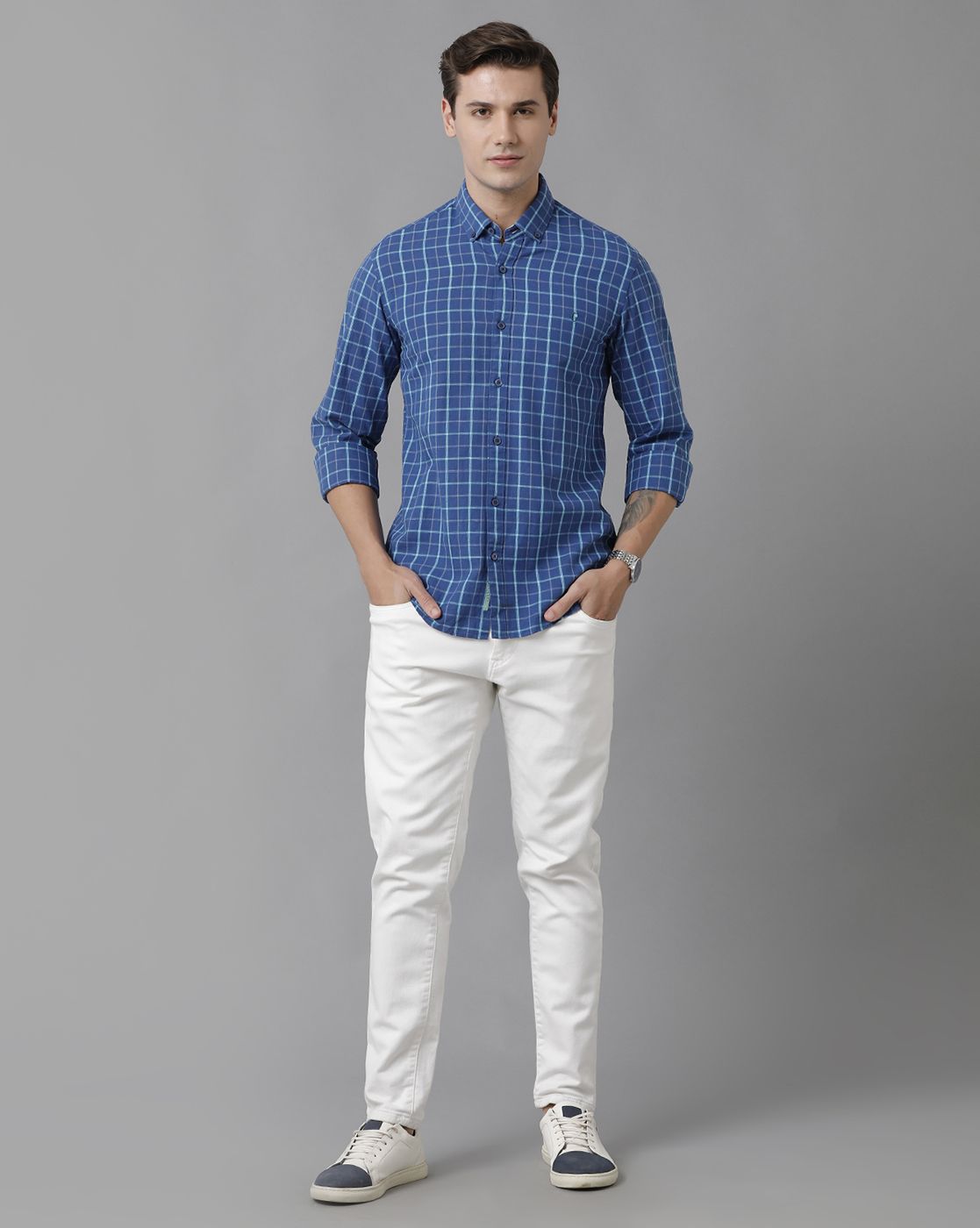 Cavallo By Linen Club Men's Cotton Linen Blue Checks Regular Fit Full  Sleeve Casual Shirt
