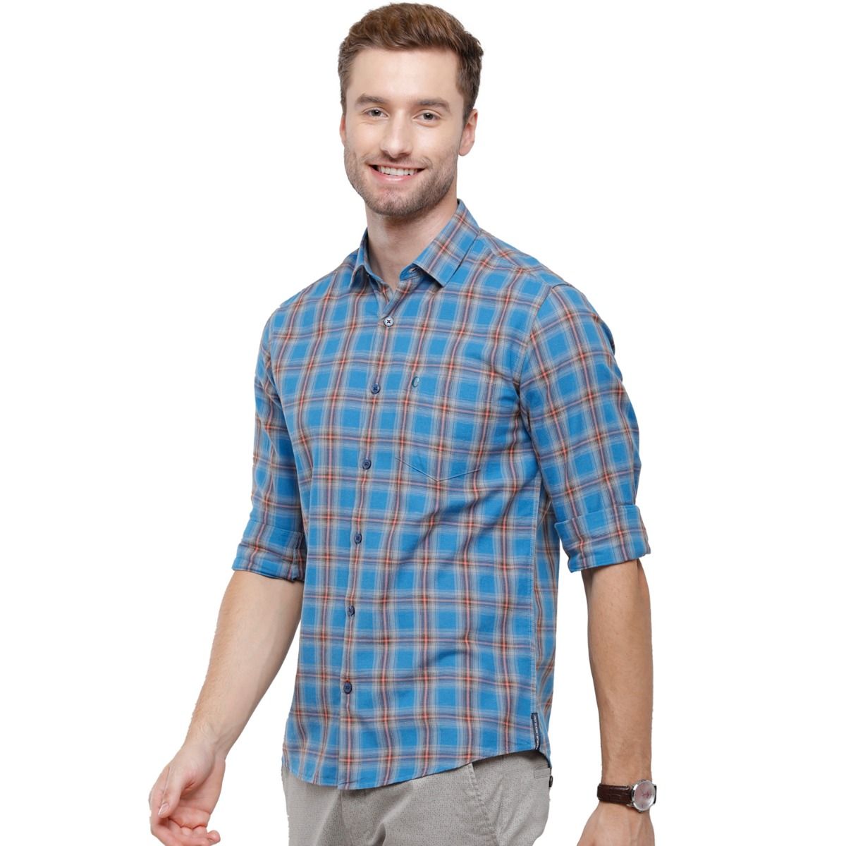 Cavallo By Linen Club Men's Cotton Linen Blue Checks Regular Fit Full  Sleeve Casual Shirt