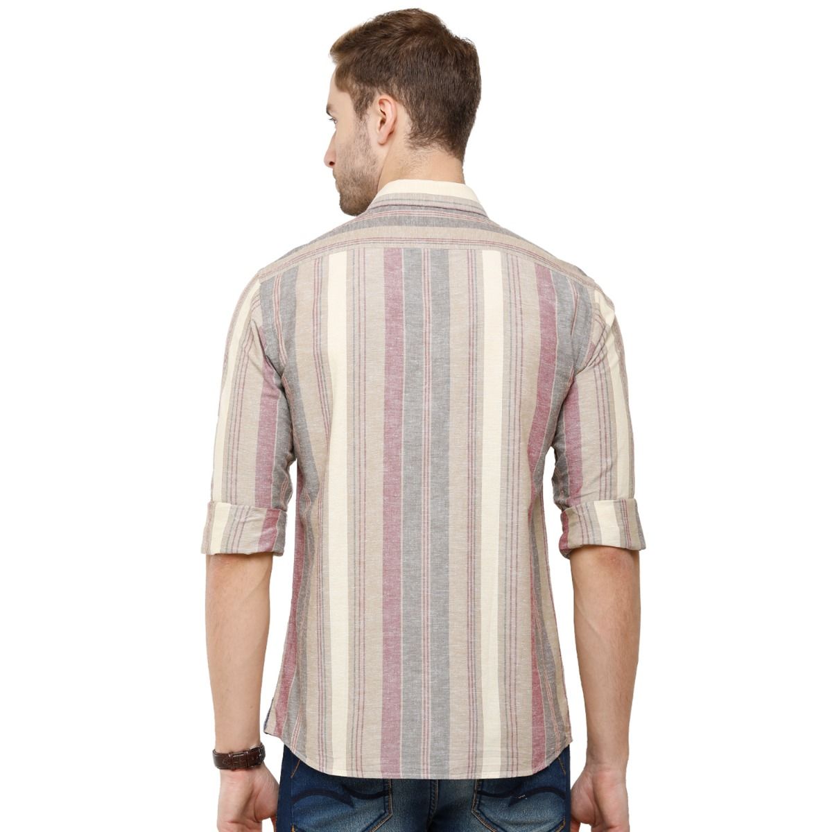 Cavallo By Linen Club Men's Cotton Linen Multicolor Striped Regular Fit  Full Sleeve Casual Shirt