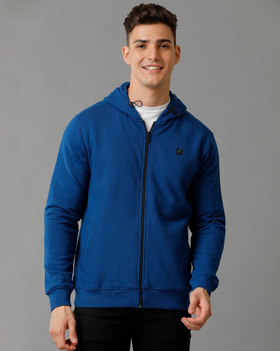 Cavallo By Linen Club Men's Knitted Cotton Linen Blue Solid Hoodie Jacket