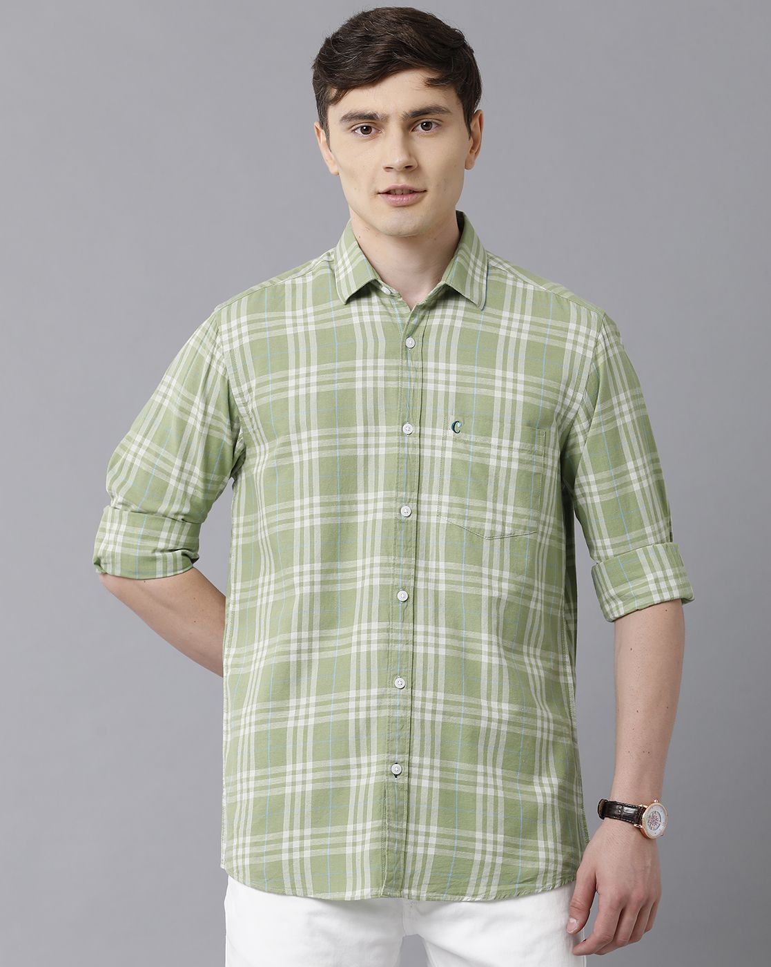 Cavallo By Linen Club Men's Cotton Linen Green Checks Regular Fit Full  Sleeve Casual Shirt