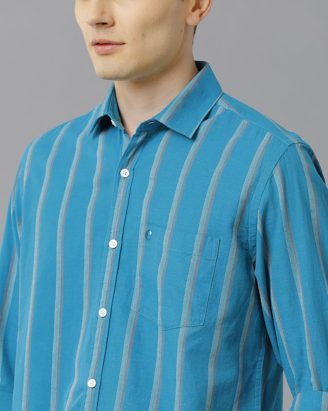 Cavallo By Linen Club Men's Cotton Linen Turquoise Blue Striped Regular Fit  Full Sleeve Casual Shirt