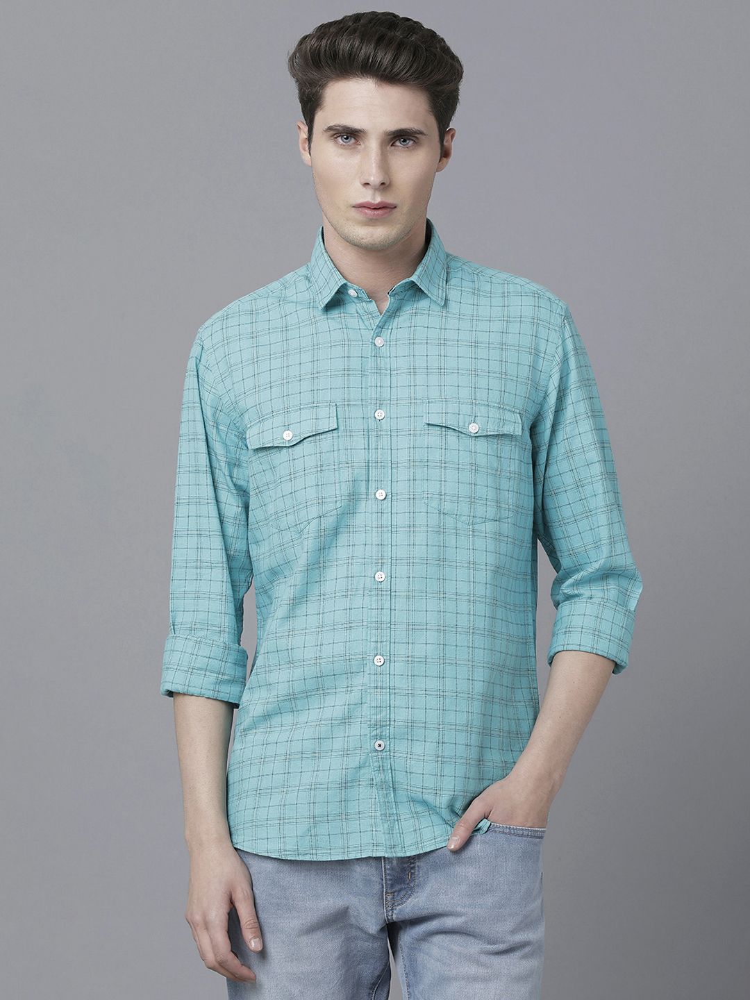 Cavallo By Linen Club Men's Cotton Linen Turquoise Blue Checks Regular ...