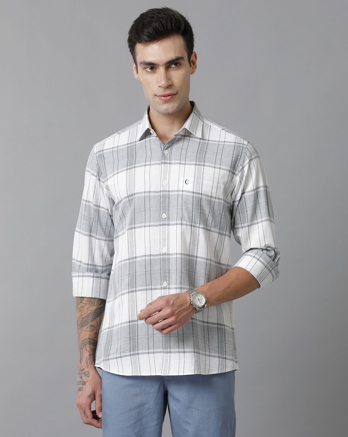 Cavallo By Linen Club Men's Cotton Linen Grey checked Slim Fit Full Sleeve  Casual Shirt