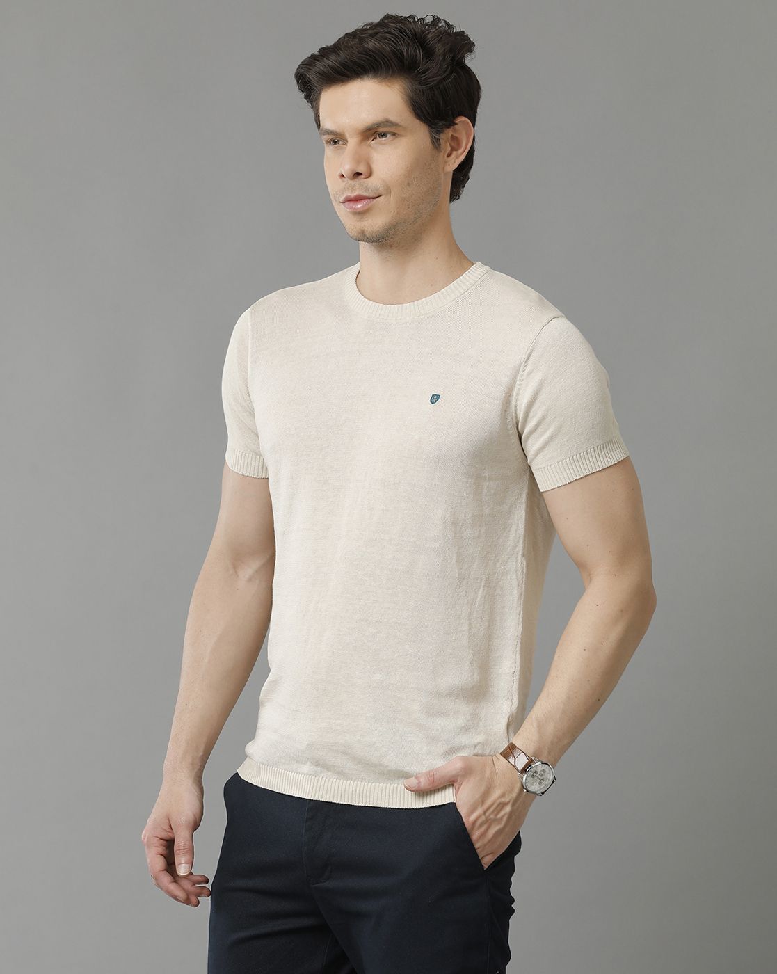 Linen Club Studio Men's Linen Beige Solid Round Neck T-Shirt