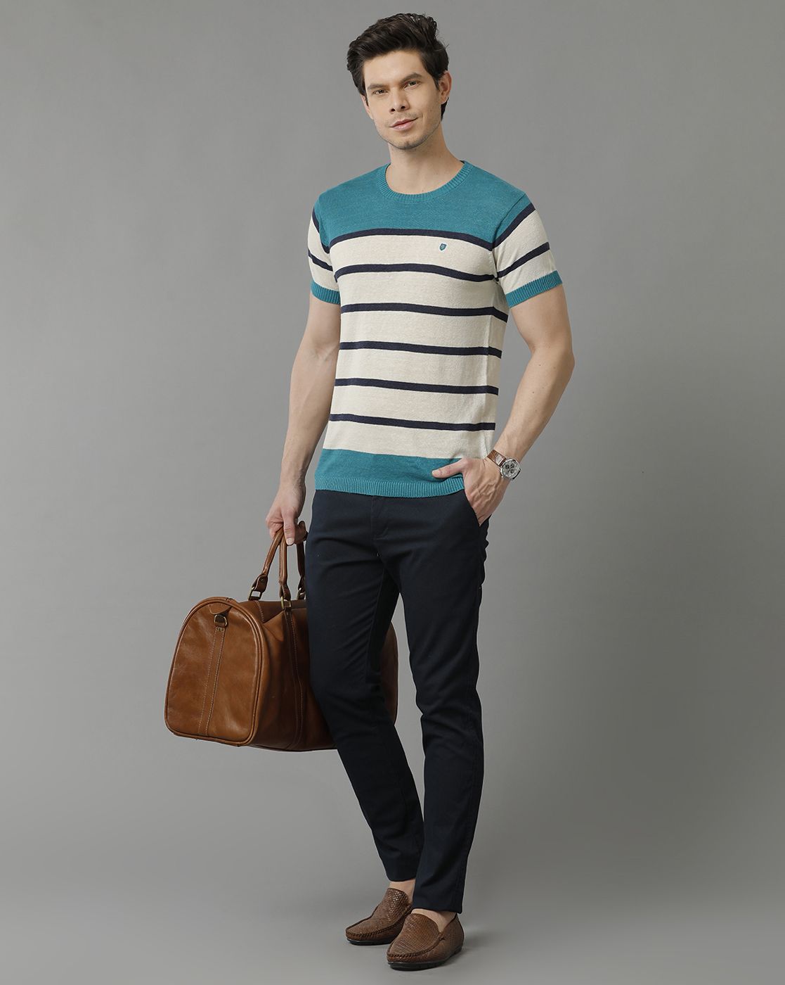 Linen Club Studio Men's Linen Blue Striped Round Neck T-Shirt