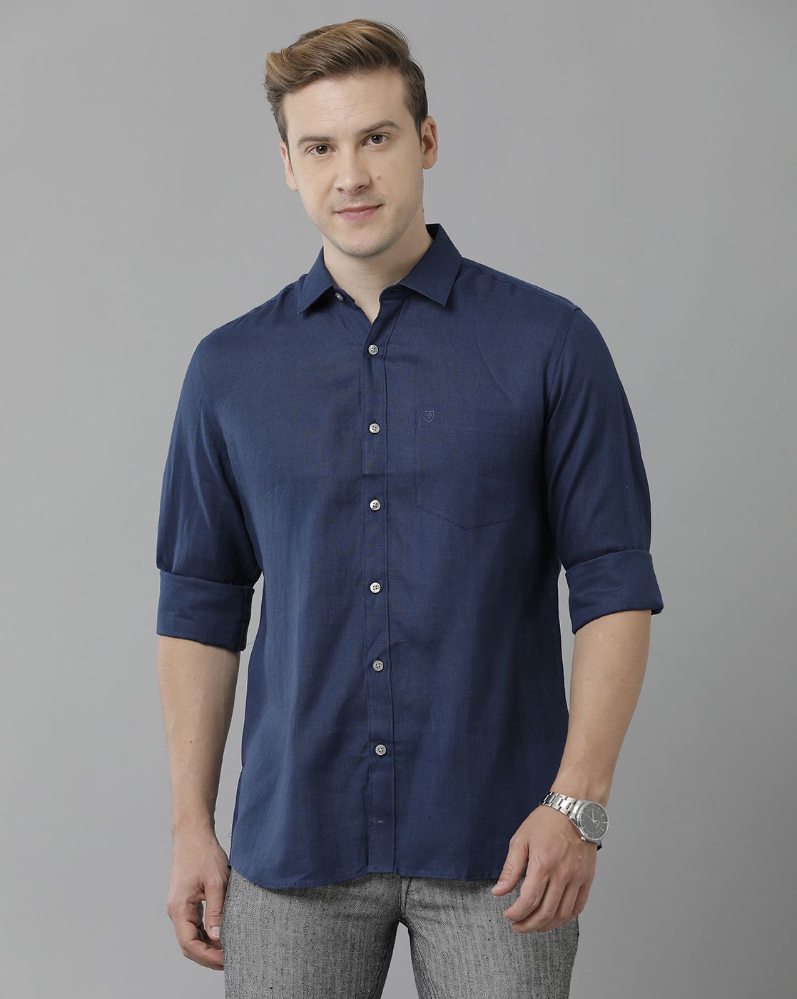 Linen Club Studio Men's Pure Linen Blue Solid Regular Fit Full