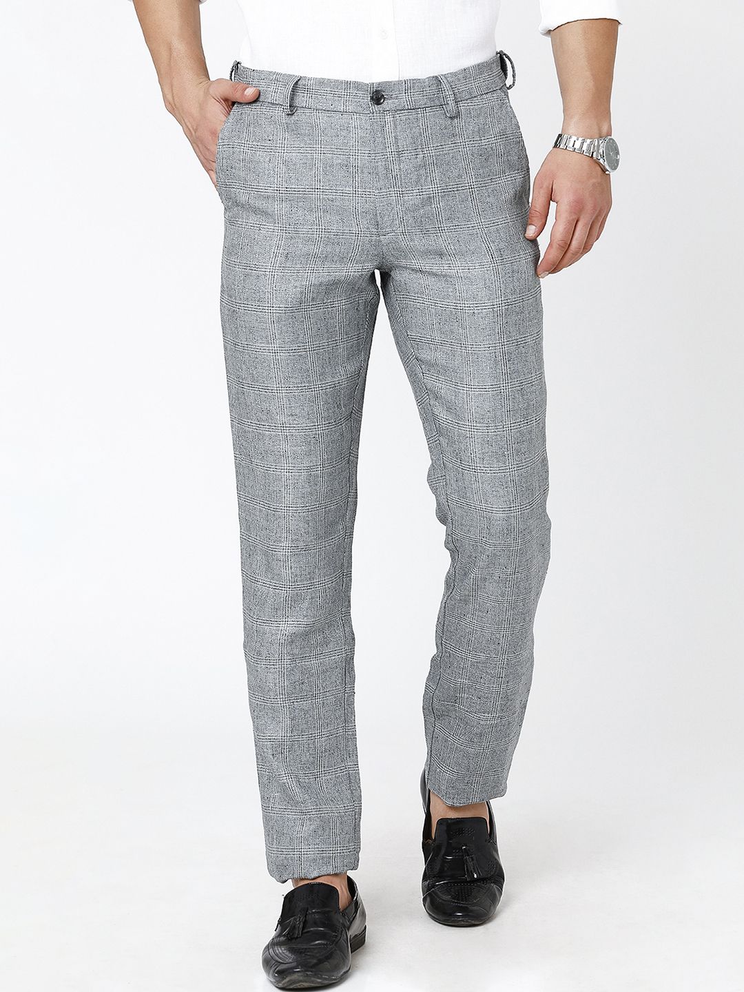Threadbare Luxe Men's Grey Check Semi Formal Trousers