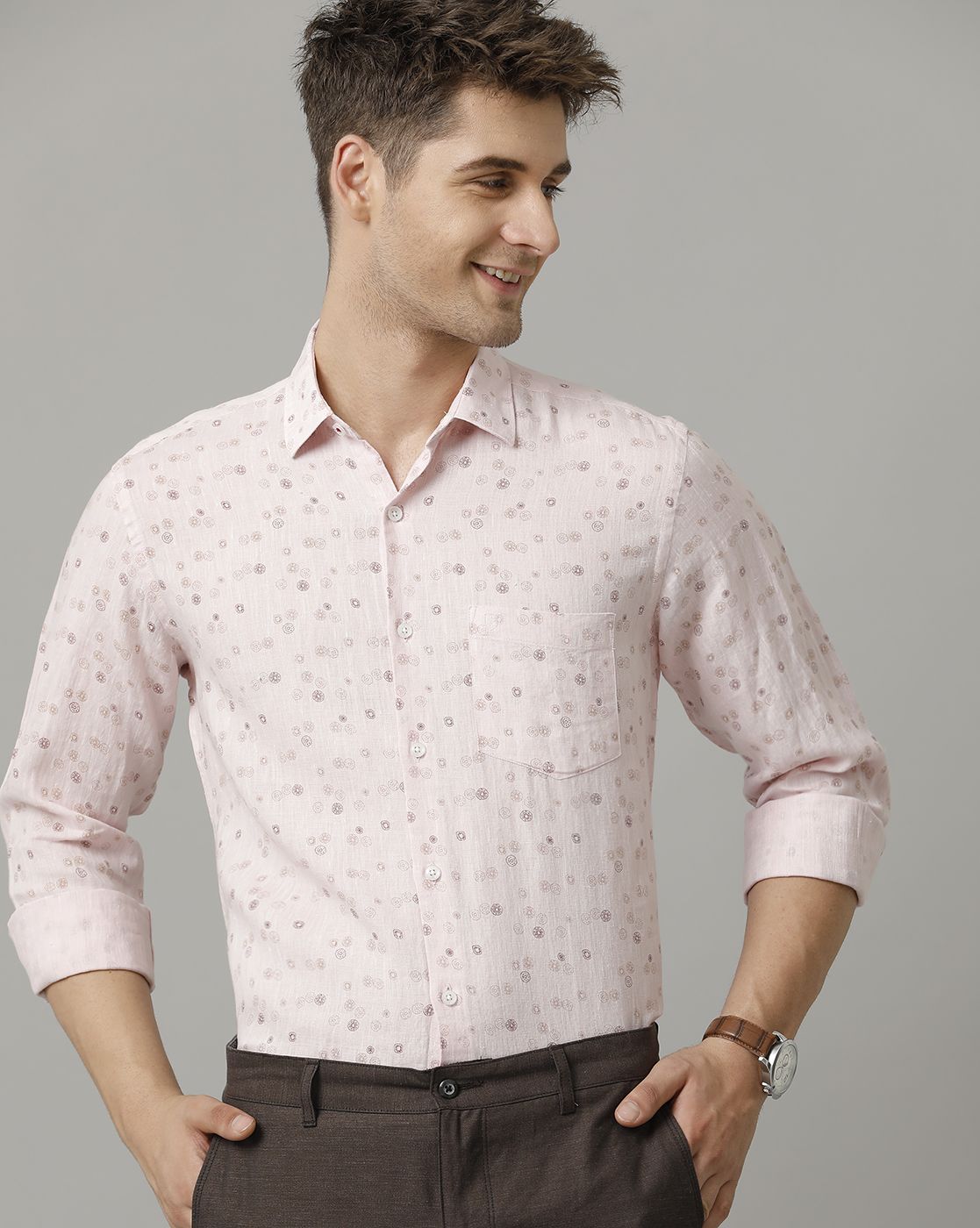 Linen Club Men's Pure Linen Pink Printed Contemporary fit Full sleeve ...
