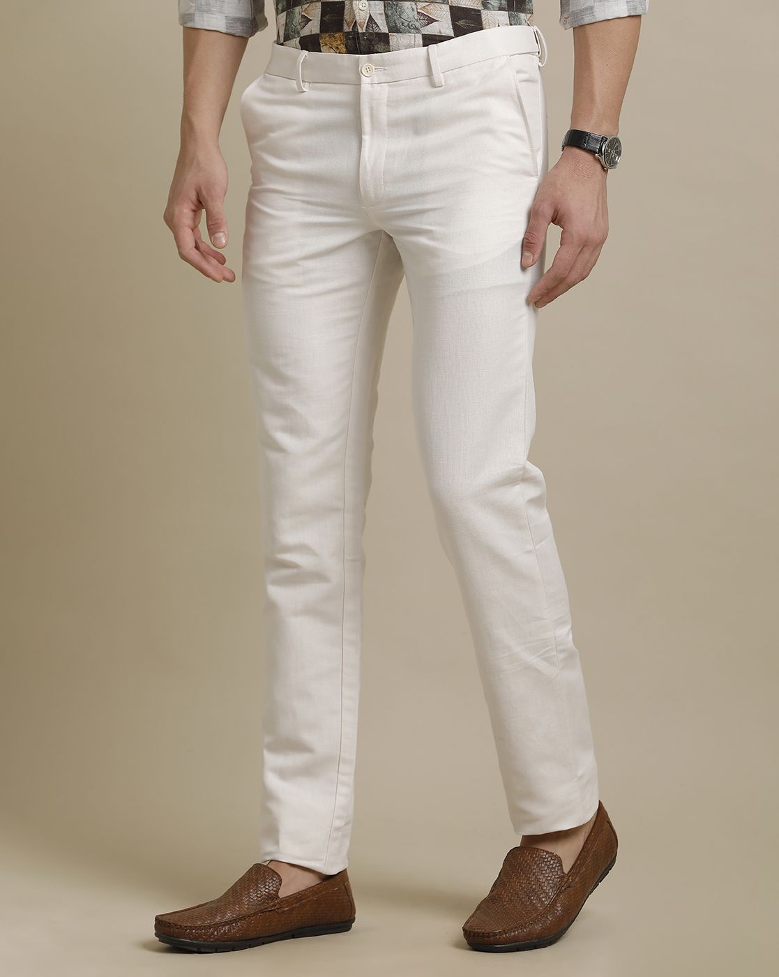 Linen Club Off White Solid Adjustable Waist Trouser for men