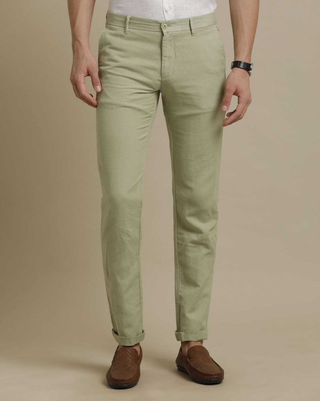 Linen Club Beige Solid Adjustable Waist Trouser for men
