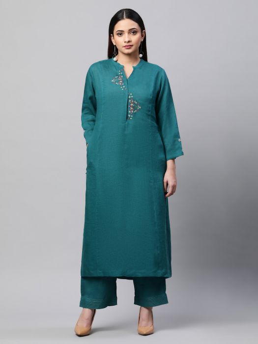 Pure Linen Teal front placket zigzag emb long kurta from Woman 
