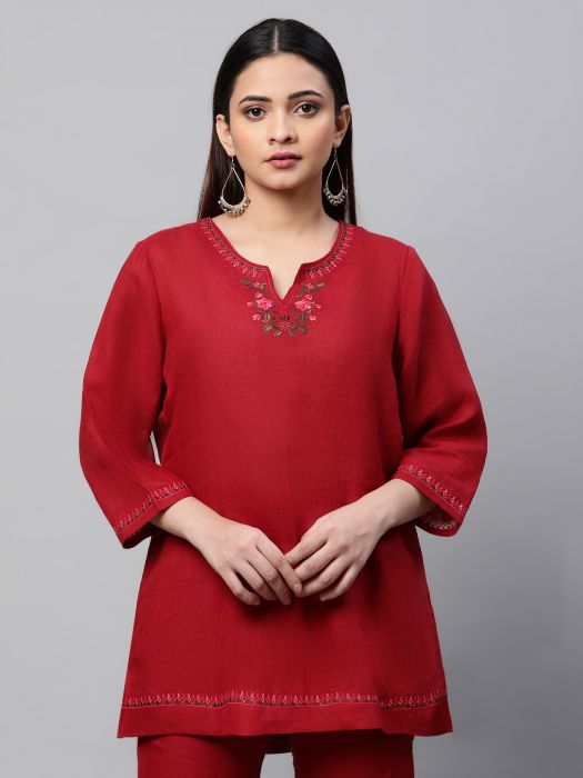 Pure Linen Maroon embroidered tunic for Woman 