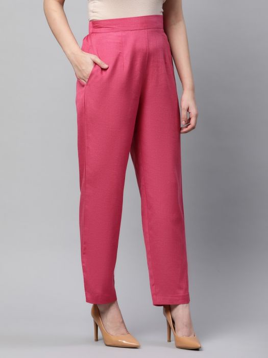 Linen Rose Pink solid cigrette pant for Woman 
