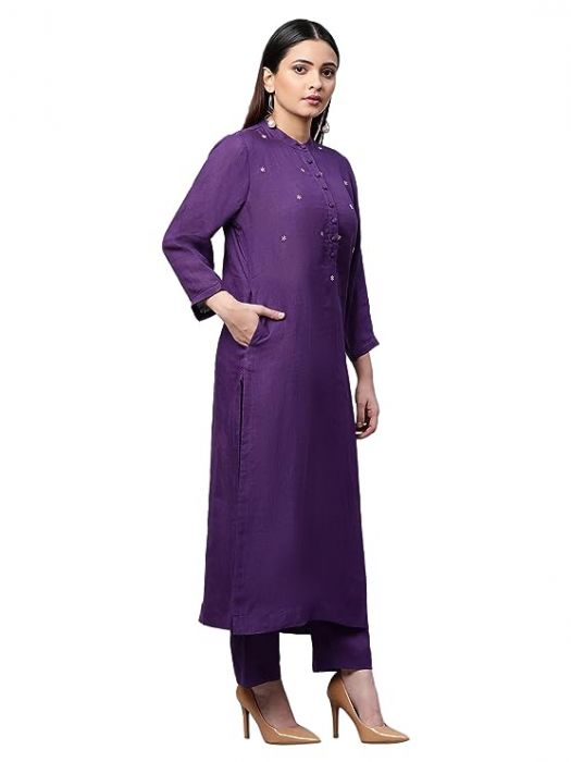 Pure Linen Purple embroidered front placket straight kurta for Woman