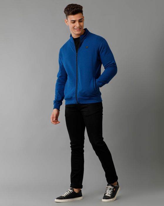 Cavallo By Linen Club Men's Knitted Cotton Linen Blue Solid Sporty Biker Jacket