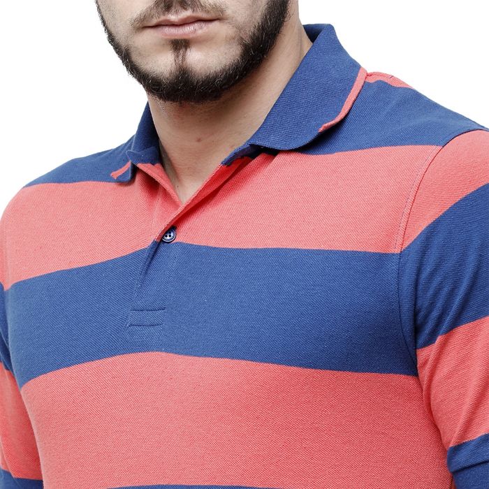 Cavallo By Linen Club Men's Cotton Linen Pink Striped Polo Collar T-Shirt