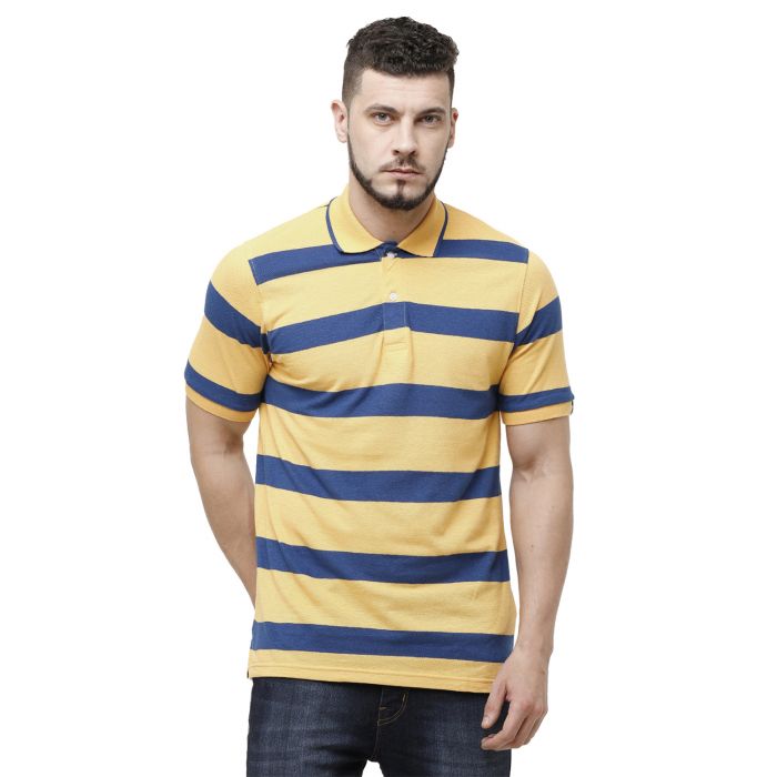 Cavallo By Linen Club Men's Cotton Linen Yellow Striped Polo Collar T-Shirt
