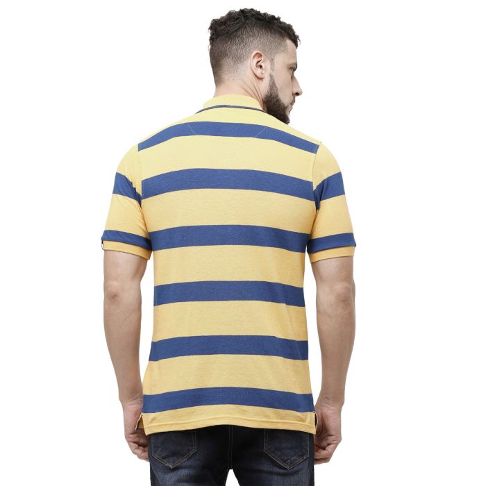 Cavallo By Linen Club Men's Cotton Linen Yellow Striped Polo Collar T-Shirt