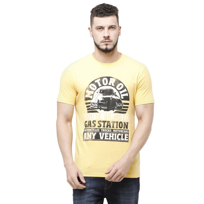 Cavallo By Linen Club Men's Cotton Linen Yellow Printed Round Neck T-Shirt