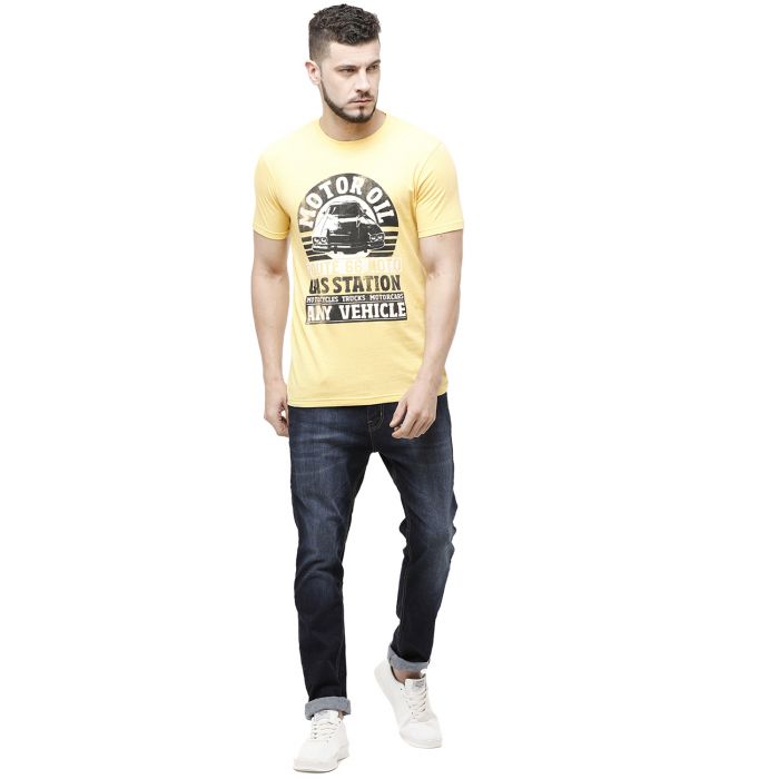 Cavallo By Linen Club Men's Cotton Linen Yellow Printed Round Neck T-Shirt