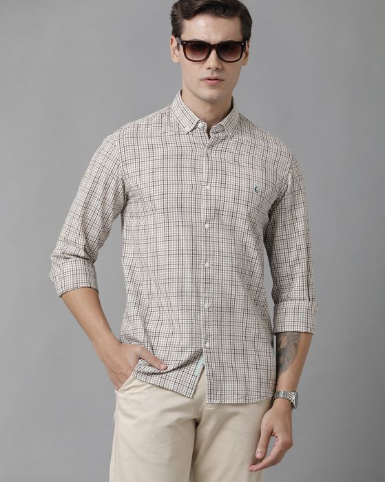 Cavallo By Linen Club Men's Cotton Linen Brown Checks Regular Fit Full Sleeve Casual Shirt