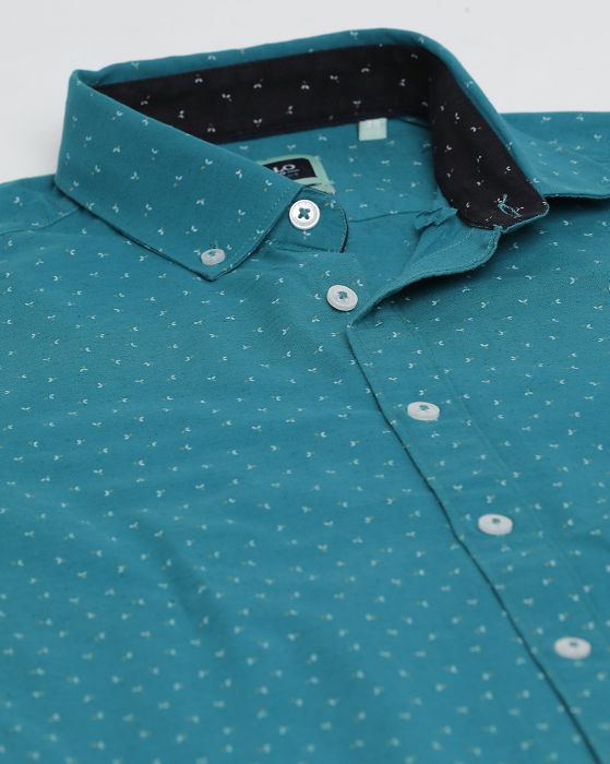 Cavallo By Linen Club Men's Cotton Linen Turquoise Blue Printed Regular Fit Full Sleeve Casual Shirt