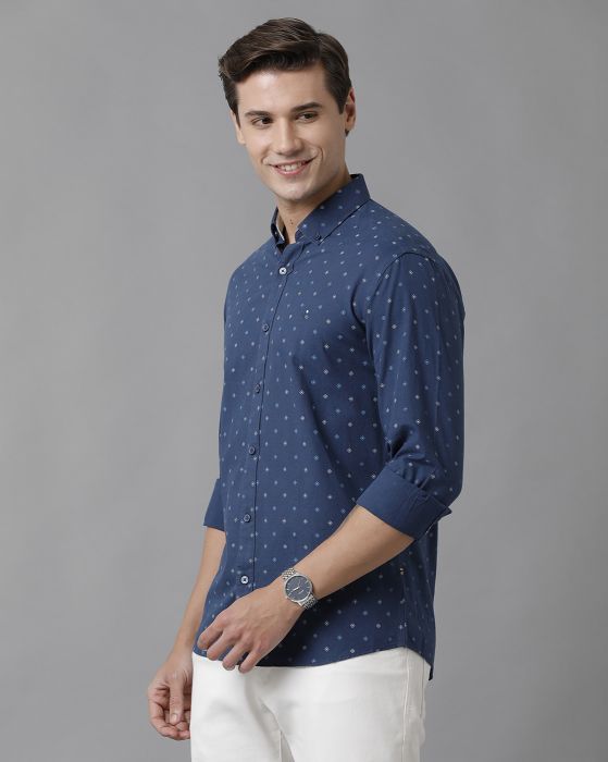 Cavallo By Linen Club Men's Cotton Linen Blue Printed Regular Fit Full Sleeve Casual Shirt
