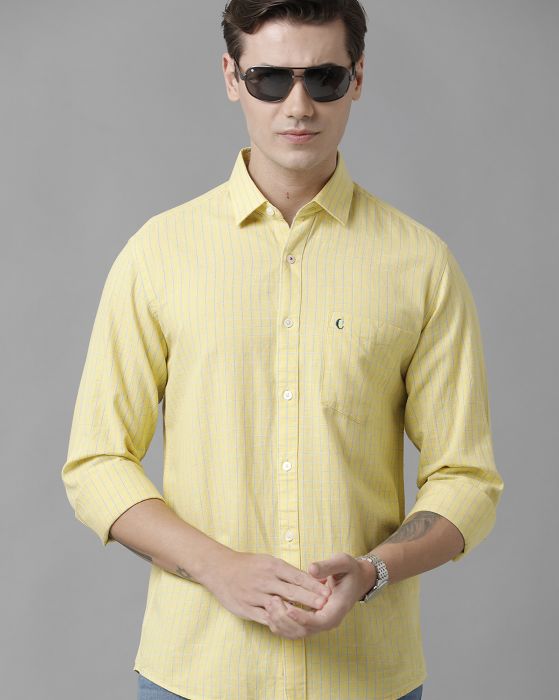 Cavallo By Linen Club Men's Cotton Linen Yellow Checks Regular Fit Full Sleeve Casual Shirt