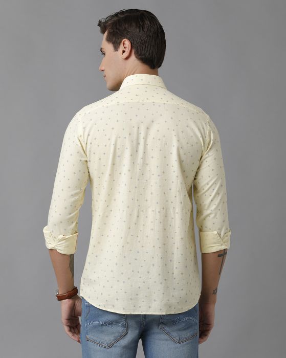 Cavallo By Linen Club Men's Cotton Linen Yellow Printed Regular Fit Full Sleeve Casual Shirt