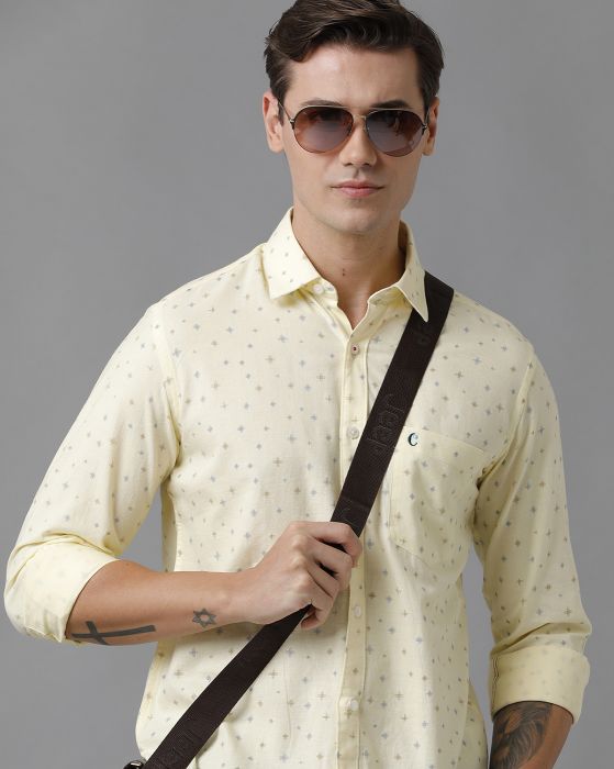 Cavallo By Linen Club Men's Cotton Linen Yellow Printed Regular Fit Full Sleeve Casual Shirt