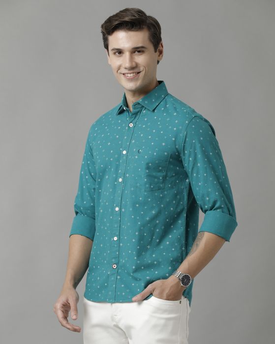 Cavallo By Linen Club Men's Cotton Linen Green Printed Regular Fit Full Sleeve Casual Shirt
