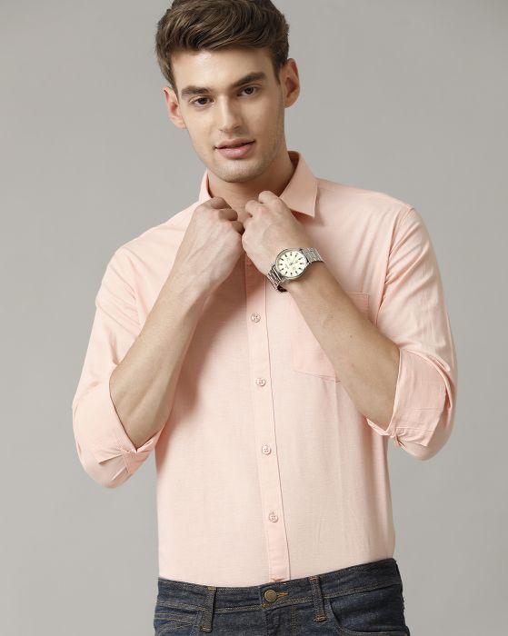Cavallo By Linen Club Men's Peach Solid Contemporary Fit Full Sleeve Casual Shirt