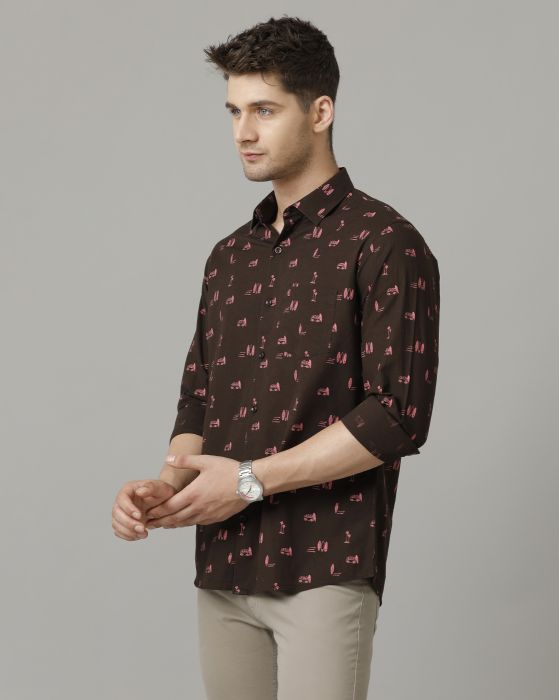Cavallo By Linen Club Men's Brown Printed Contemporary Fit Full Sleeve Casual Shirt