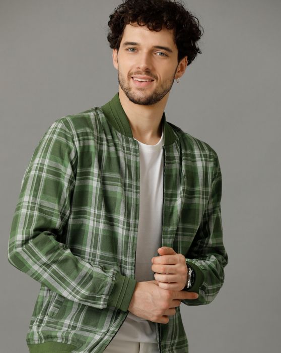 Cavallo by Linen Club Green Checked Full Sleeve Cotton Linen Jacket for Men