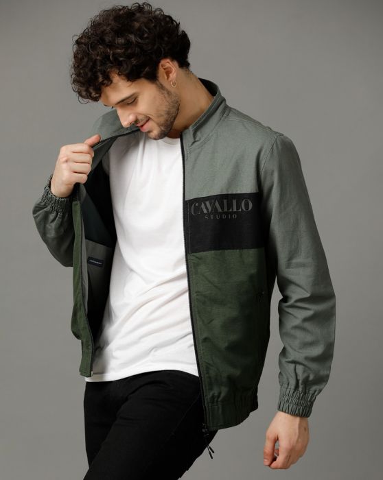 Cavallo by Linen Club Green Colour Blocked Full Sleeve Cotton Linen Jacket for Men