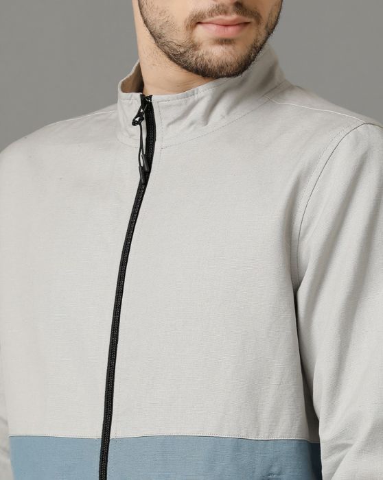 Cavallo by Linen Club Grey Colour Blocked Full Sleeve Cotton Linen Jacket for Men