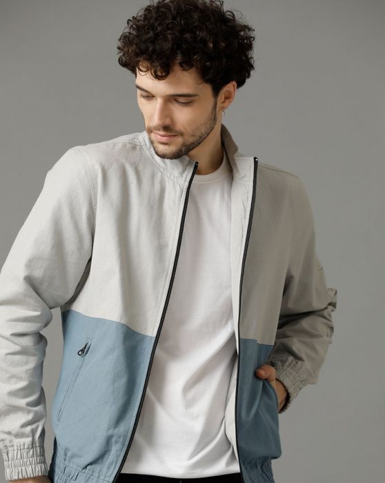 Cavallo by Linen Club Grey Colour Blocked Full Sleeve Cotton Linen Jacket for Men