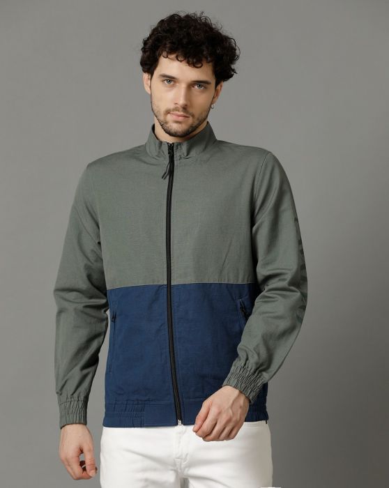 Cavallo by Linen Club Green Colour Blocked Full Sleeve Cotton Linen Jacket for Men